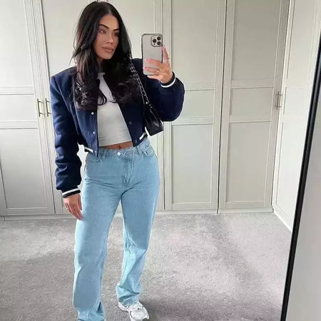 Jaqueta Bomber Cropped feminina, Casaco de manga comprida, Beisebol de botões, Casaco Aviador, Preto, Branco, Outono, Inverno