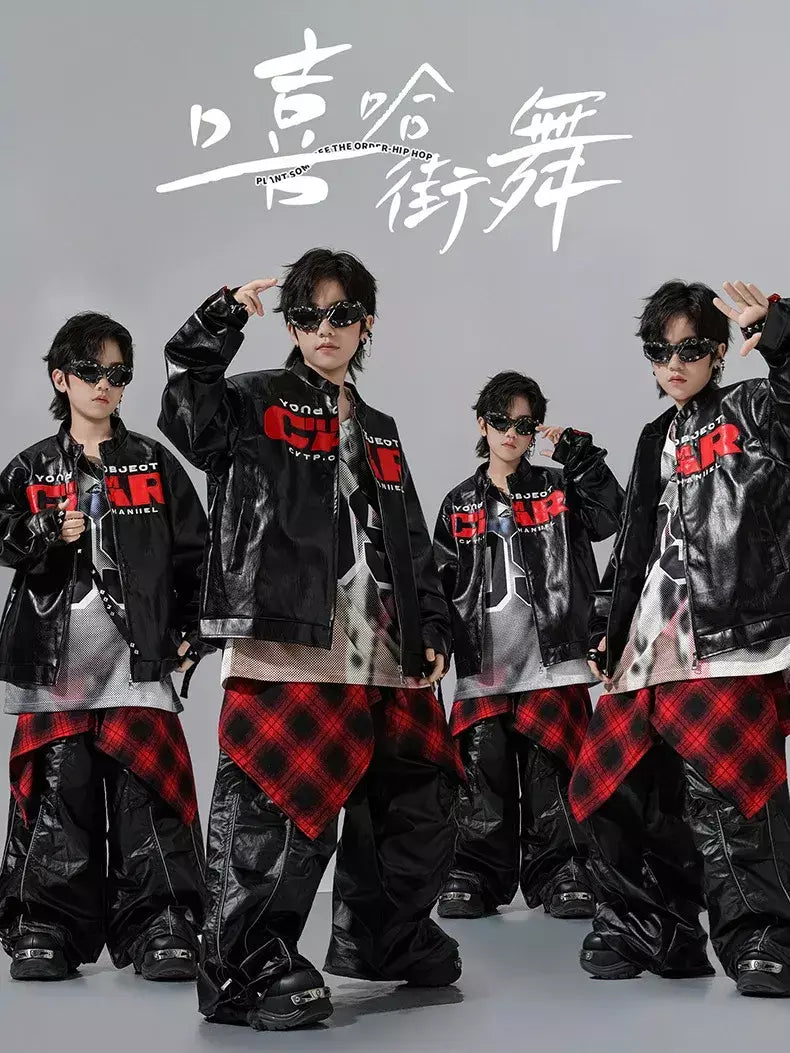 Meninos hio hop letras jaqueta de couro dança de rua calças de carga soltas meninas k-pop streetwear crianças conjunto de roupas jazz traje
