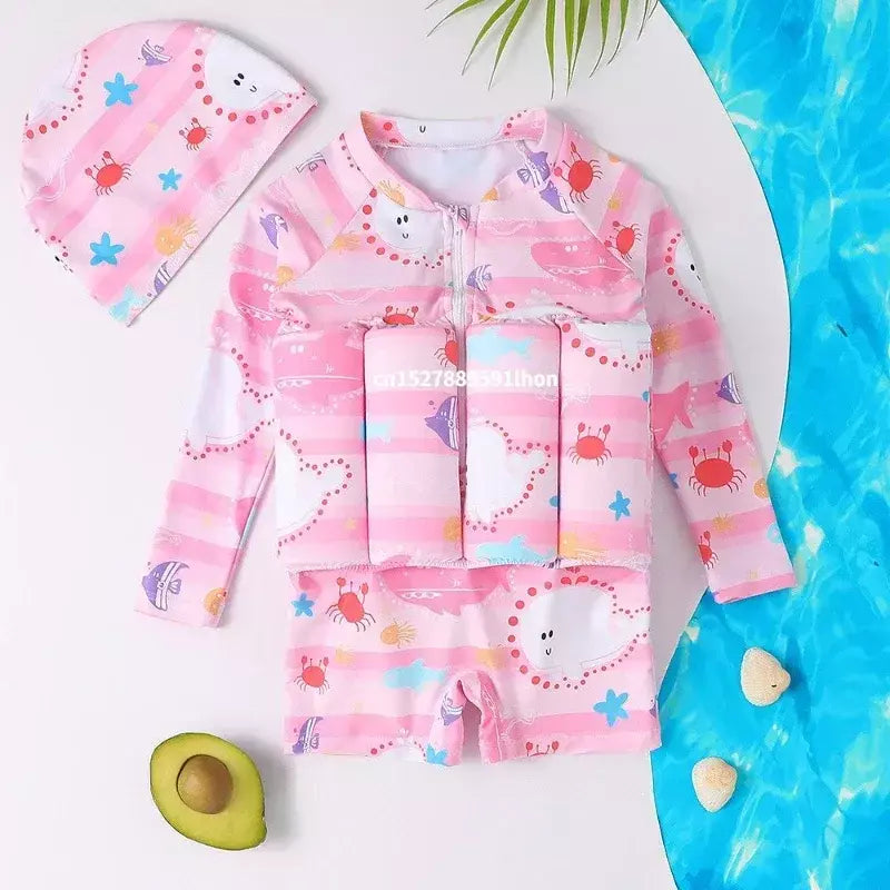 Maiô flutuante para crianças, roupa de banho de uma peça para crianças, flutuante, proteção contra queimaduras, estampa de desenho animado, meninas, meninos, roupas de natação