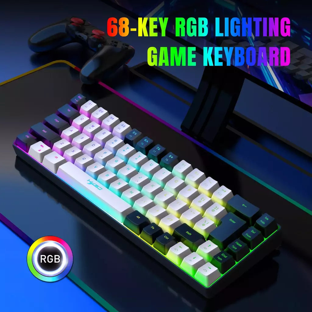 Teclado para jogos com fio USB, 68 teclas, 20 RGB Backlight, Keycaps preto e branco, Windows Laptops, Computador