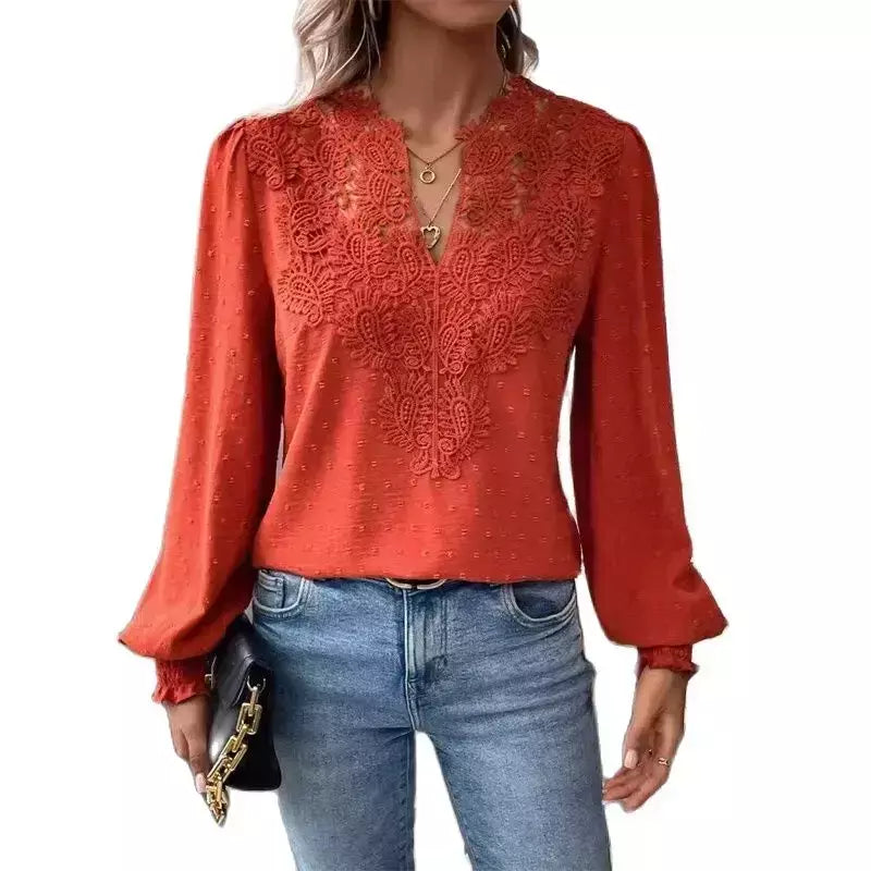 Elegante oco out camisa de renda feminina, pulôver profundo com decote V, blusa monocromática, jacquard lanterna manga longa tops, feminino