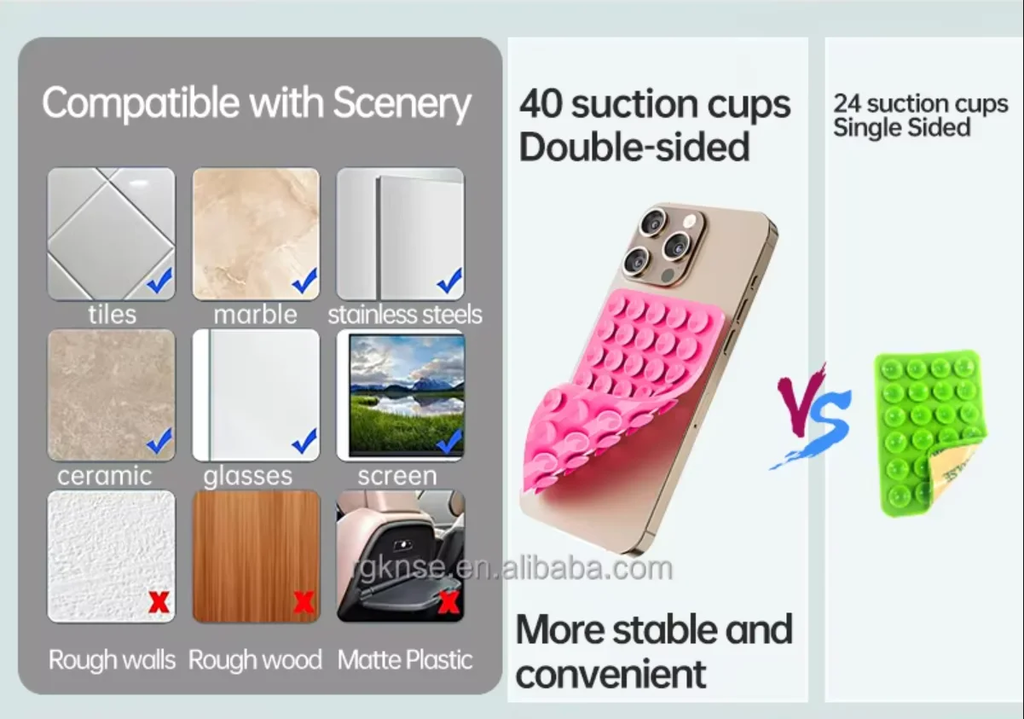 Capa de telefone com ventosa de silicone dupla face, suporte removível para selfies e vídeos mãos-livres, basta usar para vidro liso