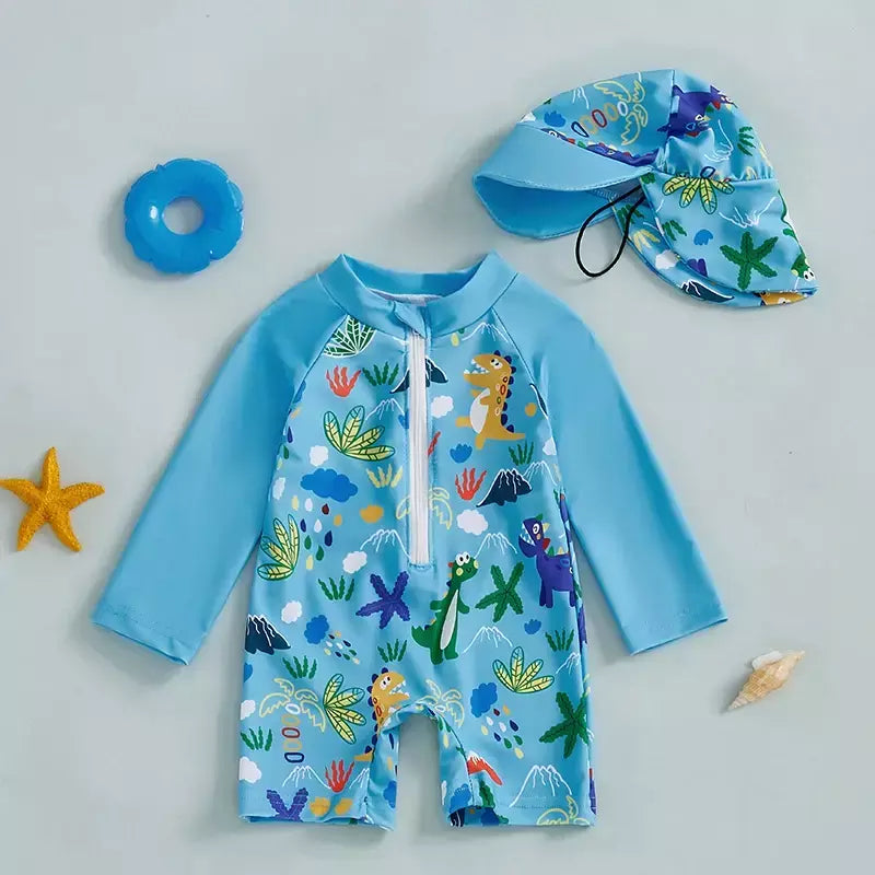Maiô infantil de 0 a 5 anos, roupa de banho com estampa de tubarão, manga longa, meio zíper, com chapéu de sol, 2 peças, roupa de banho para crianças pequenas