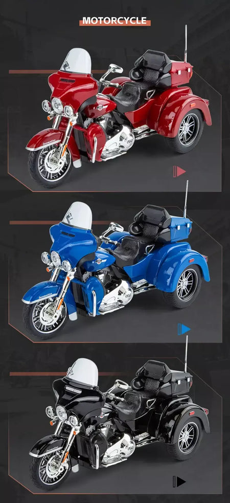 CVO-Tri Glide Alloy Motorcycle Model for Kids, Três Rodas, Cruzeiro, Viagem, Diecast, Lazer na Rua, Luz Sonora, Presente, 1:9