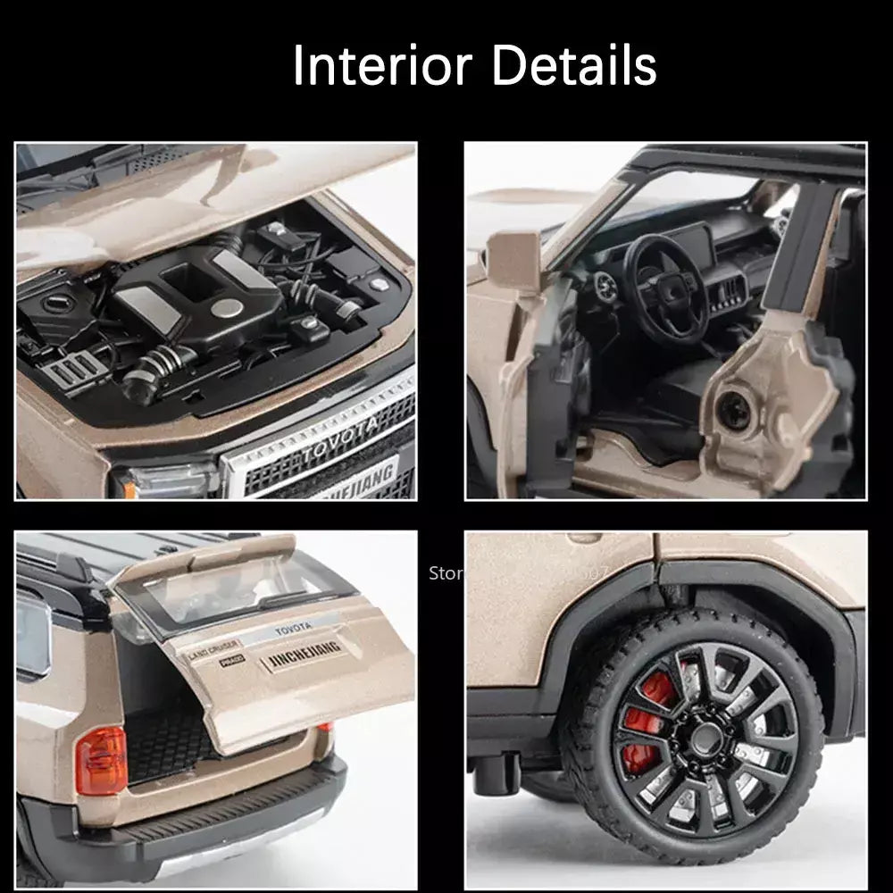 1:32 prado suv modelo de carro brinquedos liga fundição puxar para trás 6 portas abertas som luz veículo off-road presentes para crianças coleção