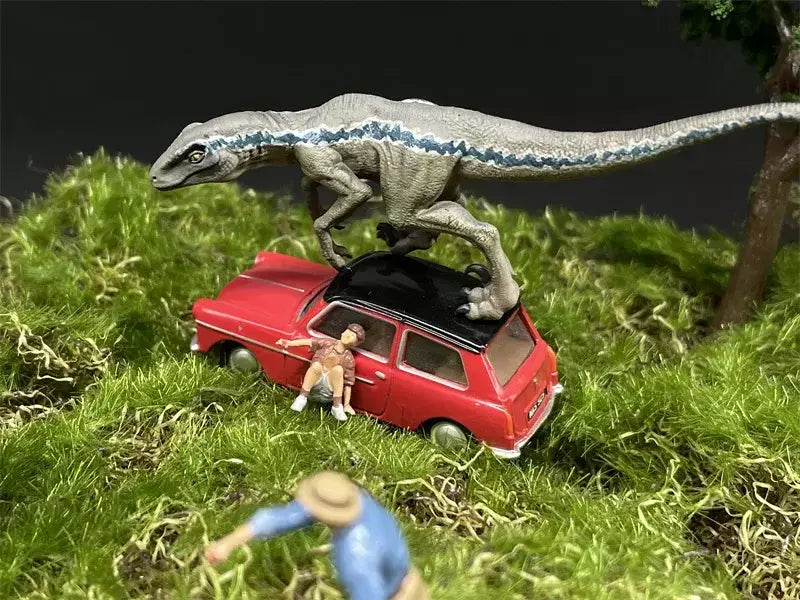 Resina Modelo do Mundo Jurássico, Parque dos Dinossauros, Ranger Homem, Mulher e Criança Figuras, Diecast Alloy Car, Cena em Miniatura Dioramas, Escala 1:64