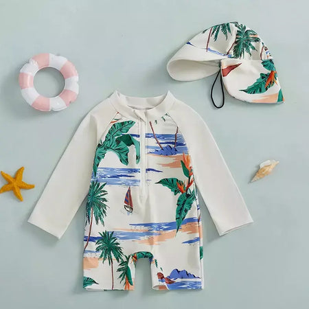 Maiô infantil de 0 a 5 anos, roupa de banho com estampa de tubarão, manga longa, meio zíper, com chapéu de sol, 2 peças, roupa de banho para crianças pequenas