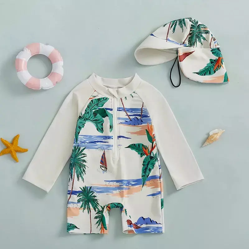 Maiô infantil de 0 a 5 anos, roupa de banho com estampa de tubarão, manga longa, meio zíper, com chapéu de sol, 2 peças, roupa de banho para crianças pequenas