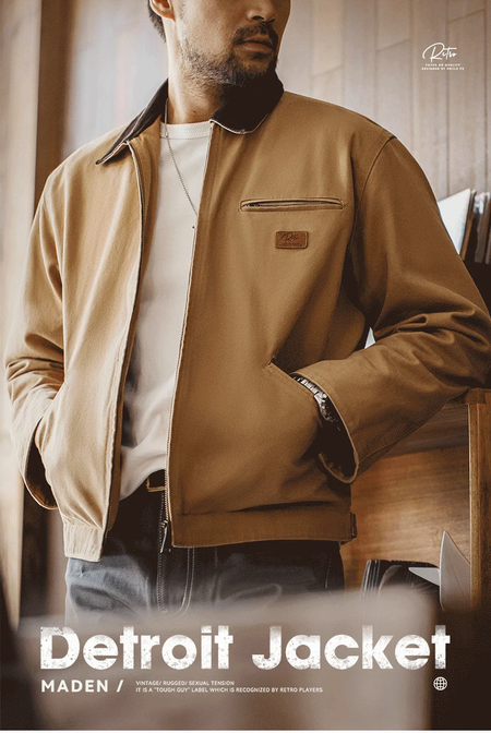 Maden J001 - Casaco de Caça Régua Detroit para Homem de Outono, Tecido de Lã Retro, Bolsos de Algodão Resistente, Design de Colarinho Lapel e Fechadura Ziper