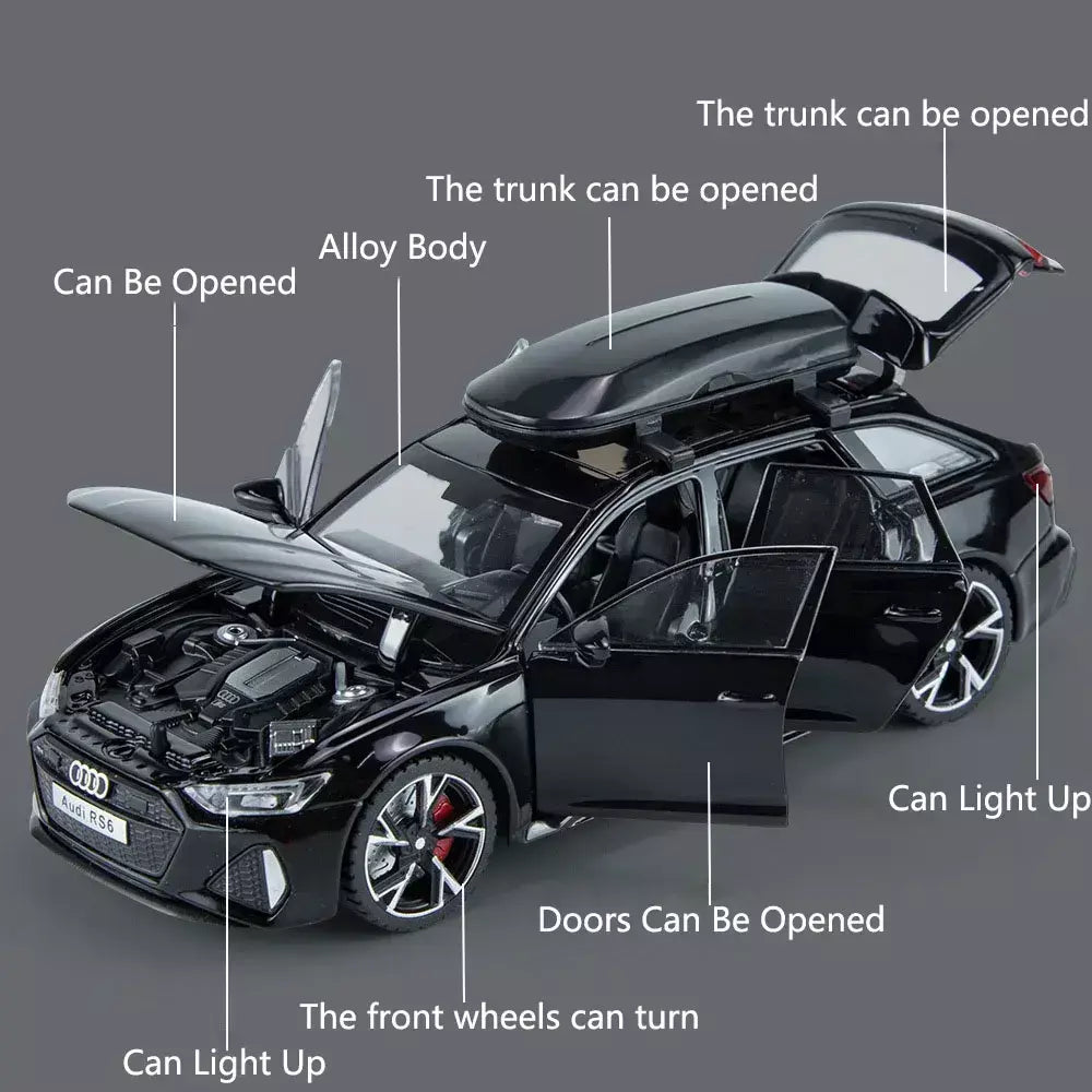 1:32 Audi RS6 Modelo de carro de brinquedo com portas de som e luz, modelo fundido de liga aberta, coleção de veículos para meninos e adultos, presente de festival