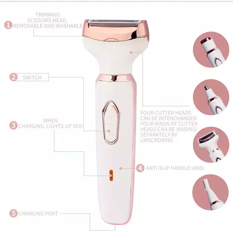 Depilador elétrico indolor para mulheres, biquíni, sobrancelha, nariz, senhora aparador, remoção facial do cabelo, cara, corpo, Shaver fêmea, Depilator, 4 em 1