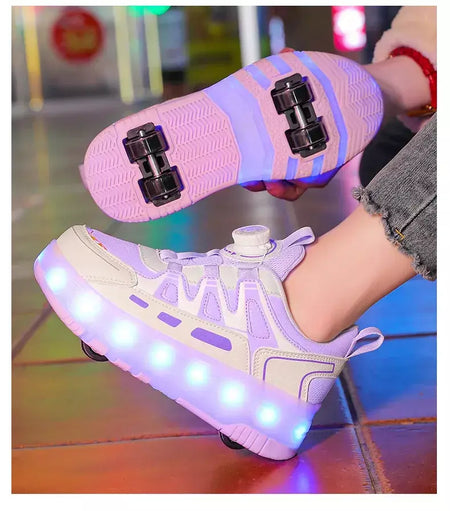 Crianças quatro rodas luminosa brilhante tênis preto rosa led luz rolo sapatos de skate crianças sapatos led meninos meninas carregamento usb