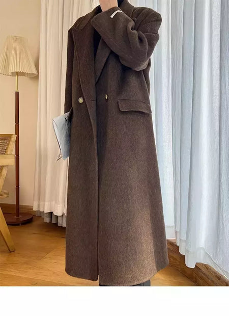 Casaco de alpaca de lã feminino, jaquetas de lã, trespassado duplo, gola de terno, solto, Casacos longos, senhora do escritório, outono, inverno, 2022