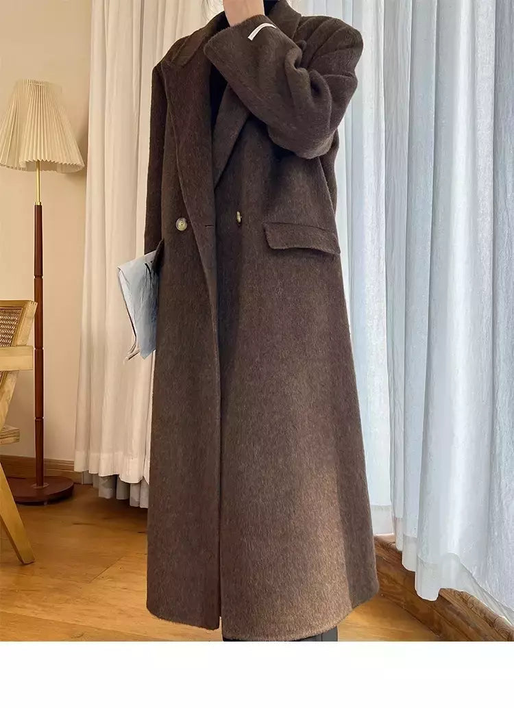 Casaco de alpaca de lã feminino, jaquetas de lã, trespassado duplo, gola de terno, solto, Casacos longos, senhora do escritório, outono, inverno, 2022