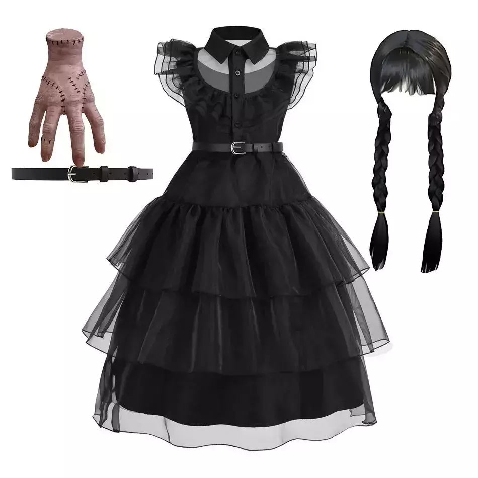 Crianças addams traje do bebê meninas família cosplay traje de halloween crianças família dança vestido preto quarta-feira pageant fantasia