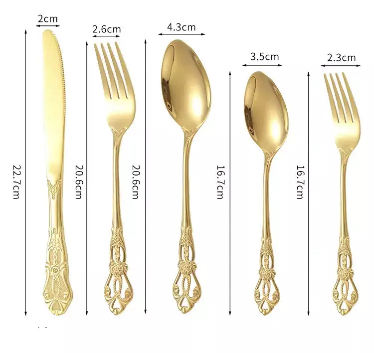Conjunto de talheres de aço inoxidável dourado, colher europeia real, garfo, talheres completos, design retrô, seguro para máquina de lavar louça, talheres elegantes