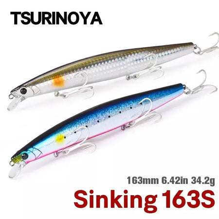 TSURIKNOYA-STINGER 163S-Ultra Long Casting Saltwater Sinking Minnow, Iscas de Pesca, Iscas Artificiais Duras para Robalo, 163mm, 34.2g