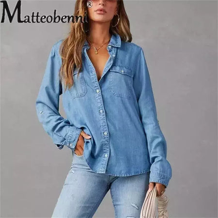 Camisa jeans fina de peito único feminina, bolso de emenda, manga longa, tops de lapela, confortável, blusa casual para mulheres, outono