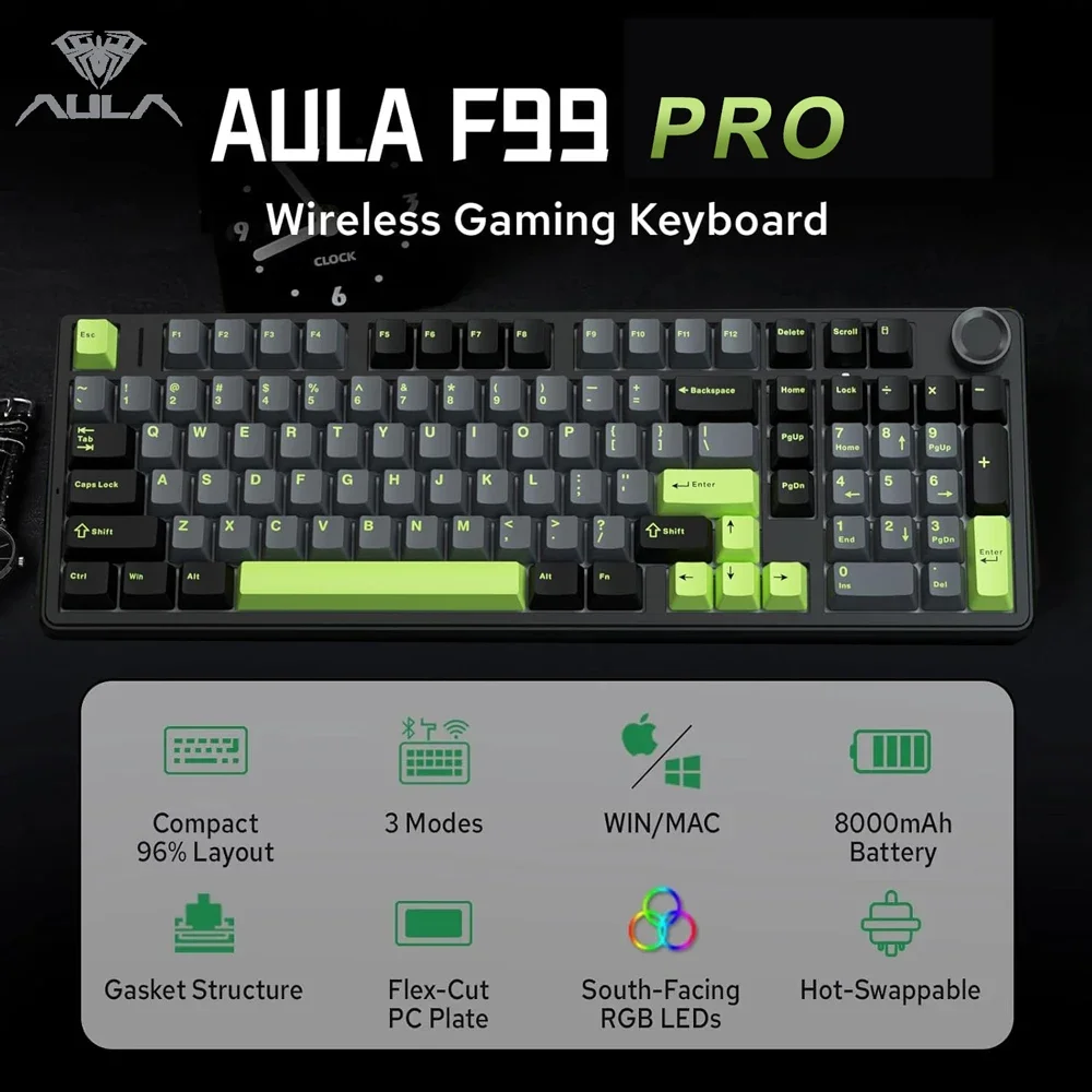 Teclado mecânico para jogos AULA F99PRO, 99 teclas, três modos, sem fio, estrutura de junta permutável, teclado personalizado com botão de mídia