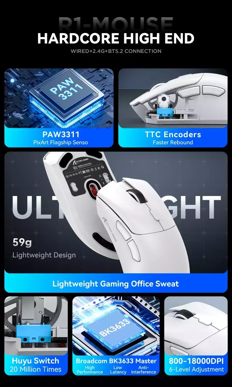 Mouse sem fio Bluetooth Gaming, Pixel Art, R1 Superlight, 2.4G, Sensor ajustável, 6 DPI ajustável para Office Game