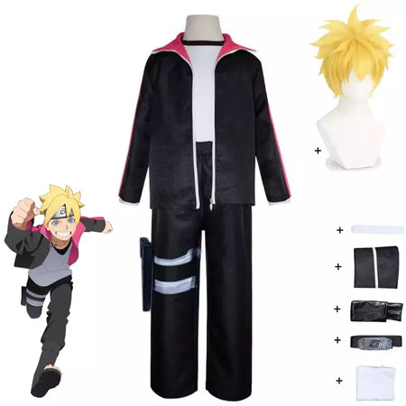 Anime uzumaki boruto cosplay traje ninja preto mangas compridas casaco calças peruca adulto crianças homem mulher halloween carnaval terno