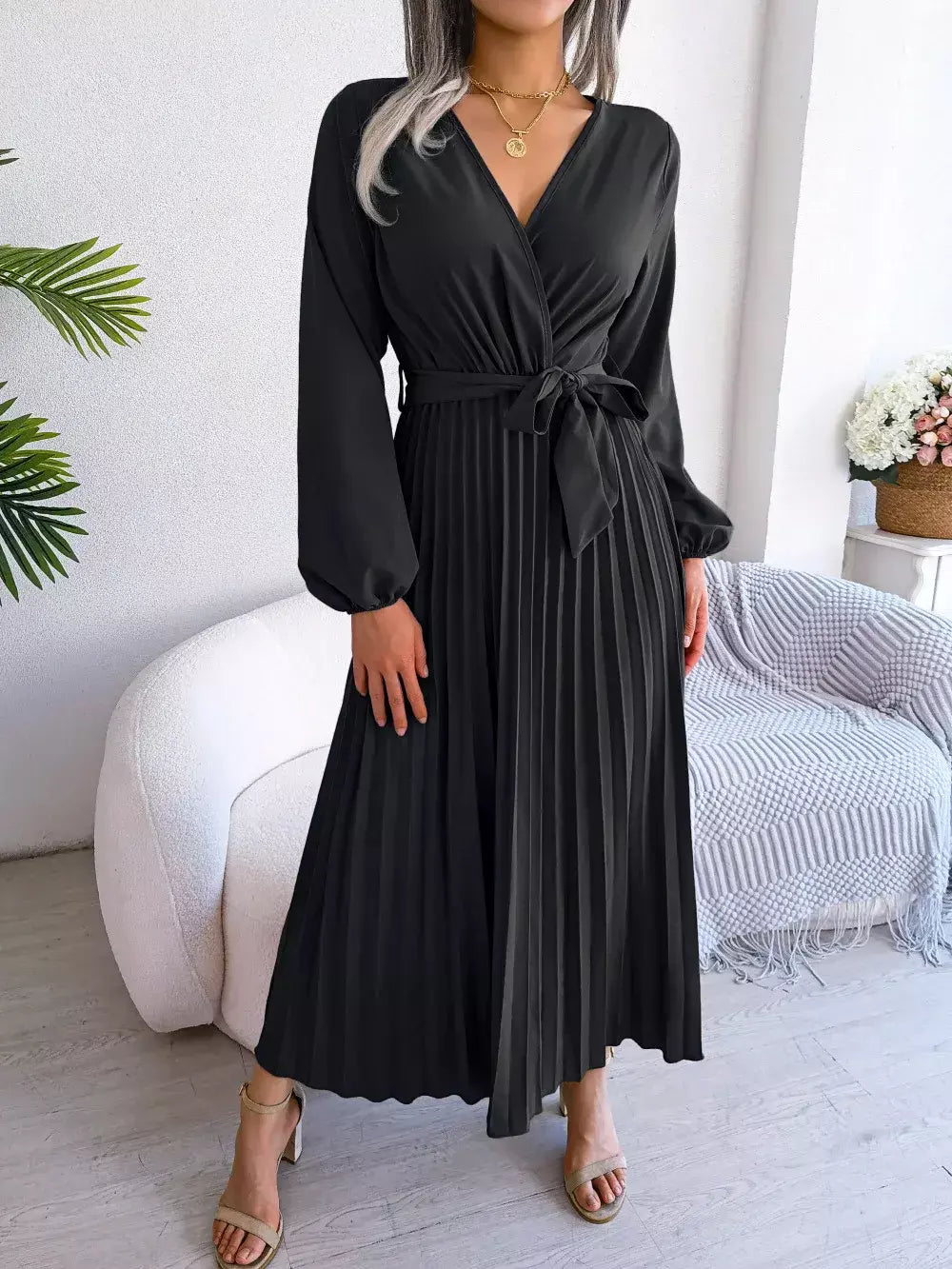 Elegante V Neck manga comprida das mulheres plissado vestido Maxi