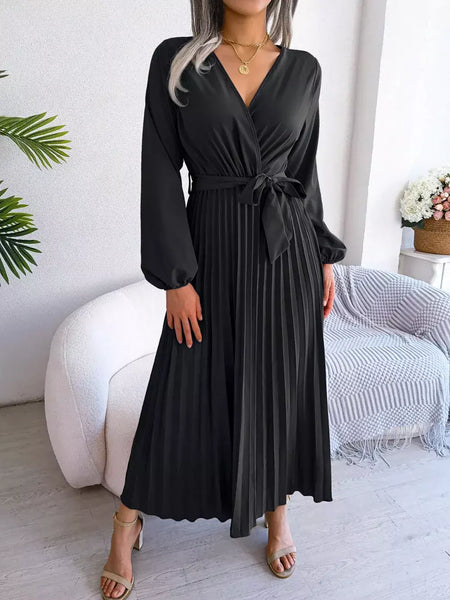 Elegante V Neck manga comprida das mulheres plissado vestido Maxi