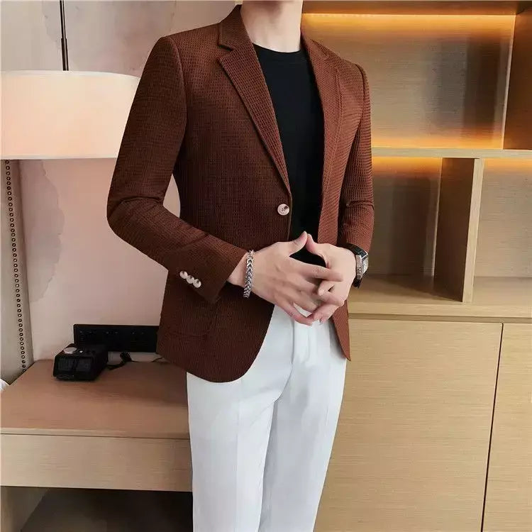 Ternos e blazers brancos masculinos, roupas estilo coreano, casacos com seios simples, jaquetas, jaqueta de waffle masculina, roupas