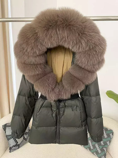 Oftbuy 2024 jaqueta de inverno feminina gola de pele de raposa natural real com capuz grosso quente 90% pato branco para baixo casaco feminino streetwear casual