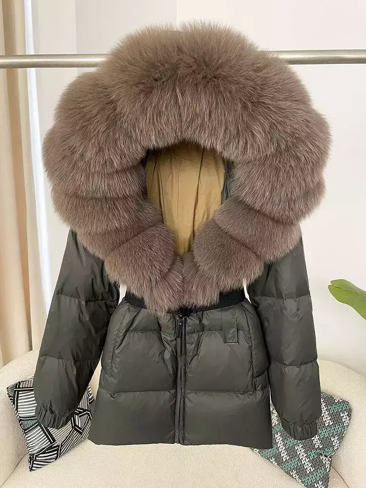 Oftbuy 2024 jaqueta de inverno feminina gola de pele de raposa natural real com capuz grosso quente 90% pato branco para baixo casaco feminino streetwear casual