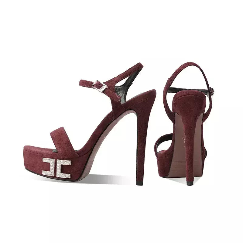 Arden furtado verão rosa ovelha camurça plataforma cristal banquete sapatos dedo do pé redondo super salto alto palavra-cingulate sandálias tamanho grande