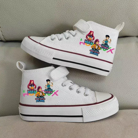 Novas crianças sapatos de lona de alta qualidade meninas sapatos kpop demônio caçadores crianças sapatos de placa branca estudante correndo tênis sapatos brancos