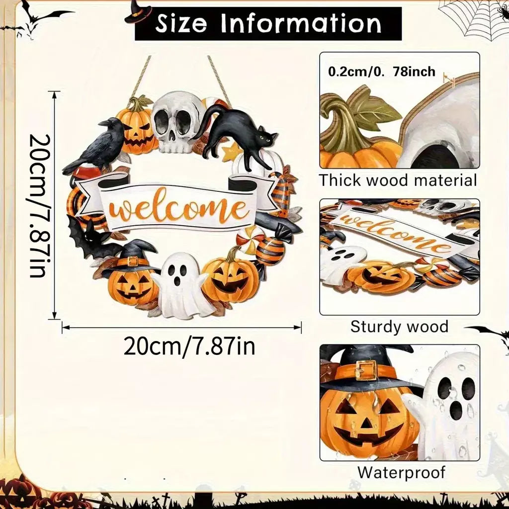 Novo sinal decorativo de madeira 2d de halloween com abóbora de gato preto e fantasma-design "bem" para pendurar na porta decoração de festival fantasma