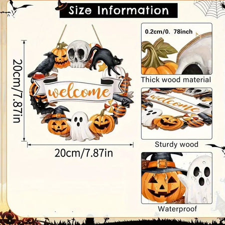Novo sinal decorativo de madeira 2d de halloween com abóbora de gato preto e fantasma-design "bem" para pendurar na porta decoração de festival fantasma