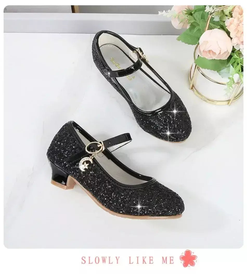 Meninas sapatos crianças salto alto glitter sandálias de cristal moda fivela crianças princesa sapato dança estudante desempenho sapatos de couro