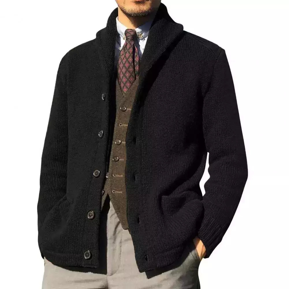 Homens casaco de malha lapela manga comprida bolsos engrossados cardigan camisola masculina outono botões sólidos placket casaco de malha para o trabalho