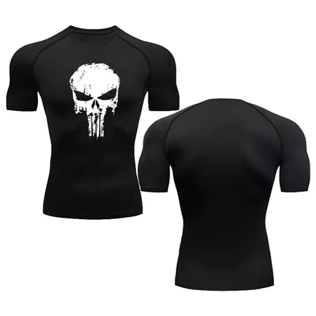 Camiseta masculina de compressão manga curta, blusa de mma, camiseta de caveira, blusa respirável para musculação, preta, verão