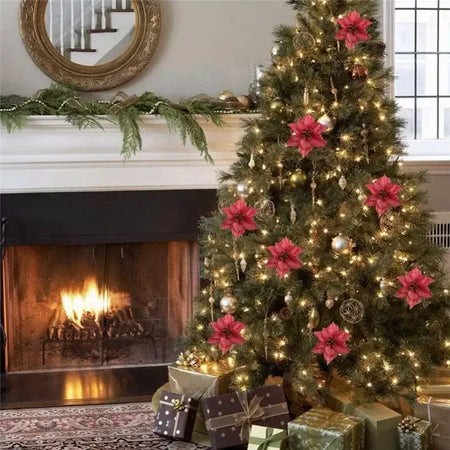 10 pçs grandes lantejoulas flor de natal glitter poinsétia 5.5 polegada flores artificiais enfeites de árvore de natal decorações para casa