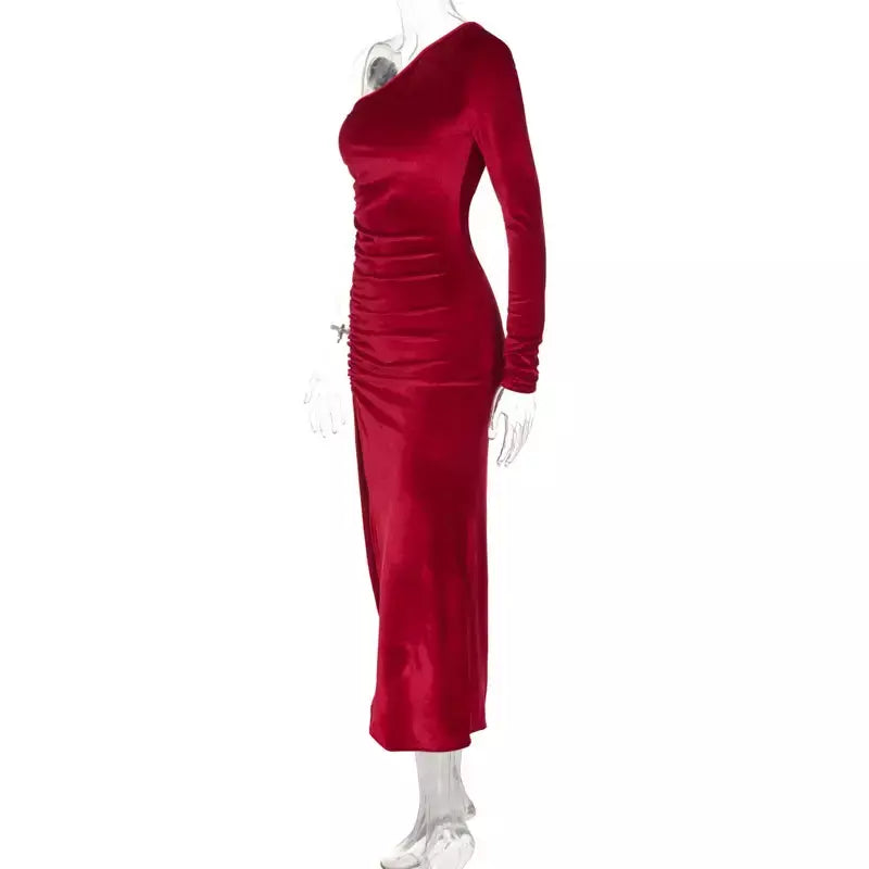 Feminino elegante manga longa festa noite veludo bodycon split lápis midi vestido primavera outono roupas