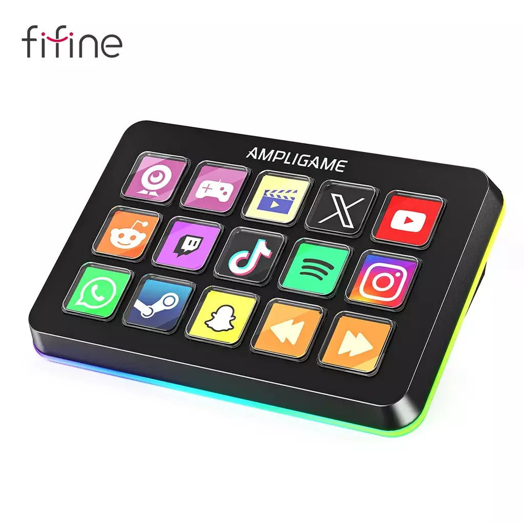 Mini teclado FIFINE D6 com 15 botões macro personalizáveis, funções de disparo via aplicativo, macros personalizados para OBS/Twitch/YouTube/VK