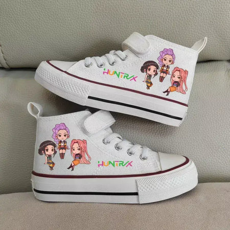 Novas crianças sapatos de lona de alta qualidade meninas sapatos kpop demônio caçadores crianças sapatos de placa branca estudante correndo tênis sapatos brancos