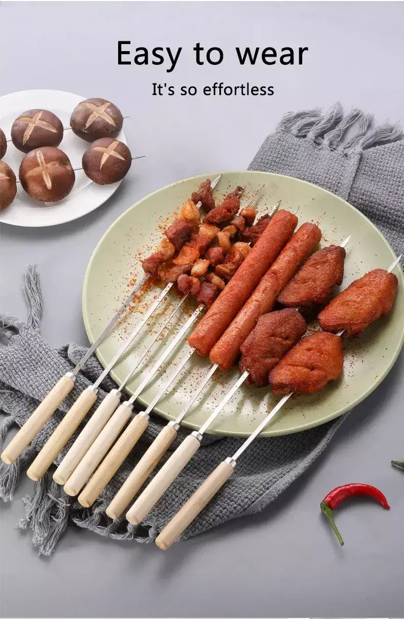 5/10 peças espetos de churrasco anti-escaldante com cabo de madeira podem ser reutilizados 304 espetos de churrasco de metal de aço inoxidável espetos largos