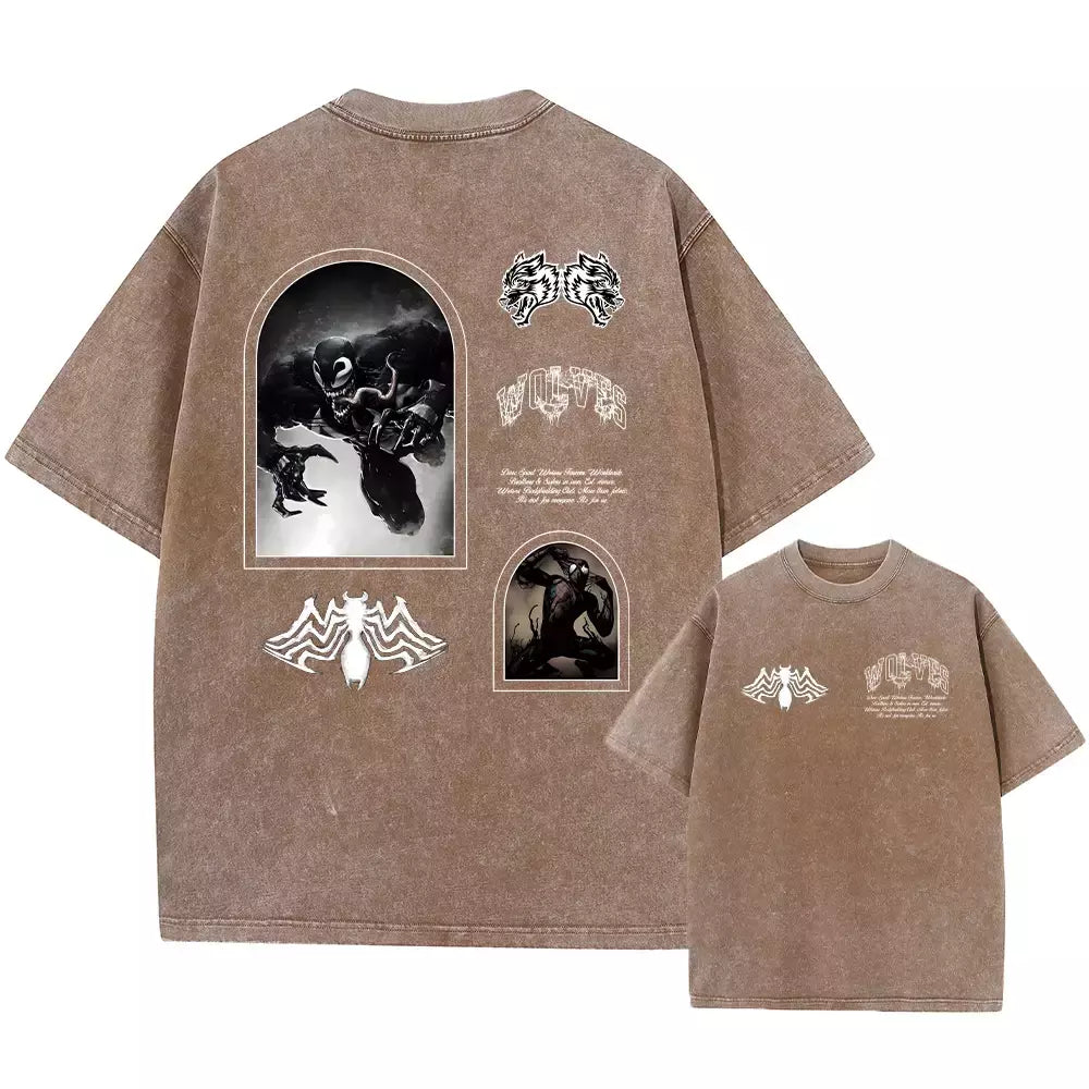 Lobos escuros Vintage lavados camisetas para homens, musculação em ginástica, roupas masculinas extragrandes, fitness no verão, treino