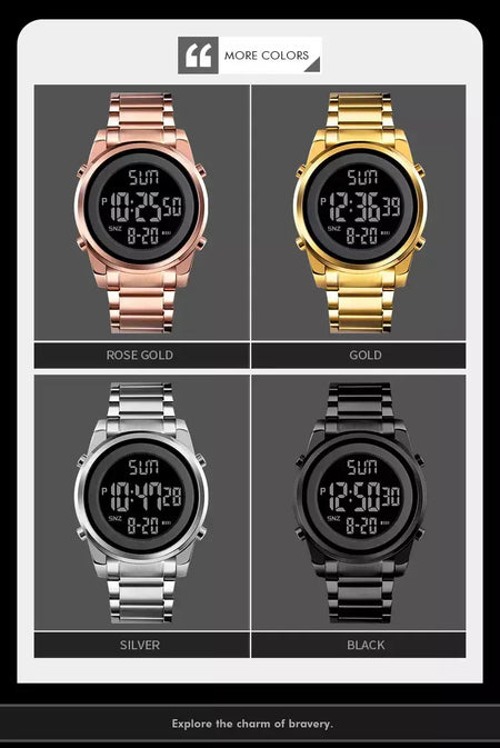 Skmei relógio de pulso masculino luxuoso, à prova d'água, aço inoxidável, eletrônico, esportivo, digital, 1611