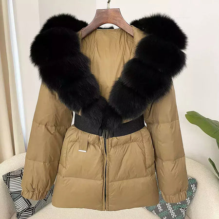 Oftbuy 2024 jaqueta de inverno feminina gola de pele de raposa natural real com capuz grosso quente 90% pato branco para baixo casaco feminino streetwear casual