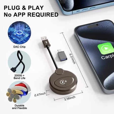 Adaptador sem fio Carplay com Youtube/Netflix/Tiktok, dongle USB Carplay sem fio para Carplay com fio de fábrica para Wireless