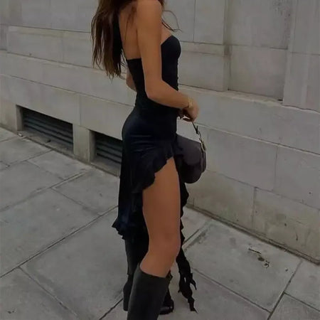 Mulheres sem alças sexy floral dobra hemline alta fenda mini vestido 2024 sólido sem costas sem mangas preto e rosa vestido de festa