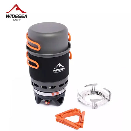 Widesea acampamento sistema de cozinha com trocador calor ao ar livre queimador gás fogão turista pote conjunto copo talheres panelas turismo caminhada