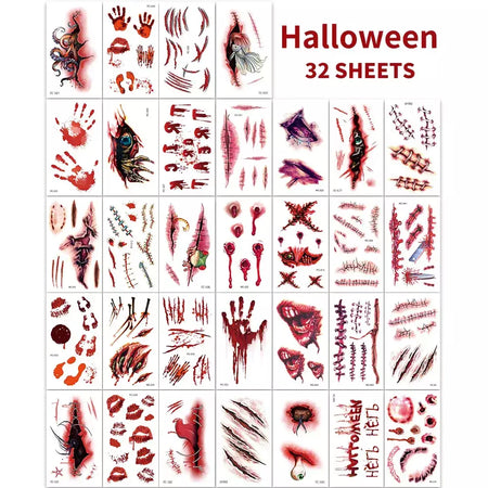 32 peças tatuagens temporárias de cicatriz falsa 3D de Halloween - designs de feridas sangrenas e zumbi para rosto/corpo, festa de fantasia, brincadeira e cosplay ?