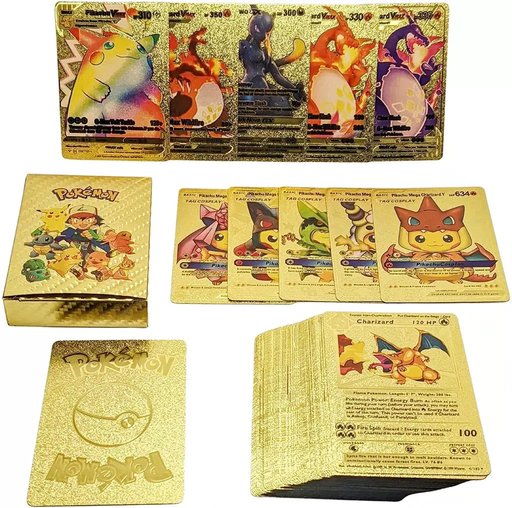 Cartão de folha de ouro colorido pokemon charizard pikachu arceus prata preto arco-íris inglês francês alemão espanhol vstar gx vmax cartões